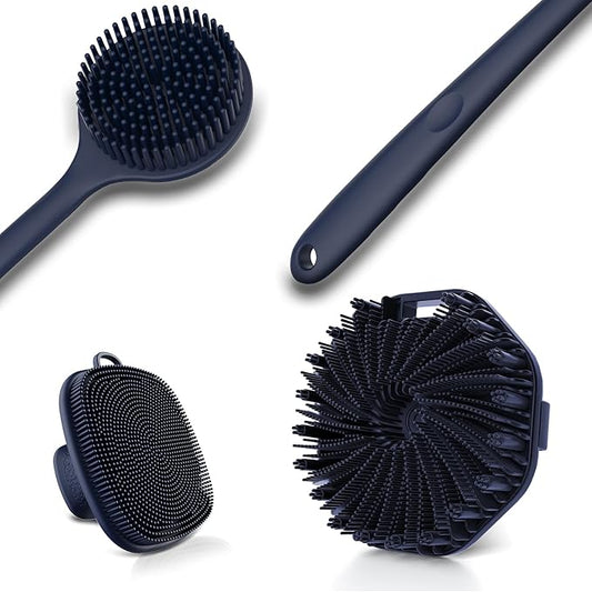 3 PCS Silicone Bath Brush Set,Back Scrubber & Body Brush & Face Brush Set, Super-Exfoliating & Lathering Body Scrubber, Shower Brush, Face Scrubber Combination for HomeBathroom Hotel Travel.(Blue)