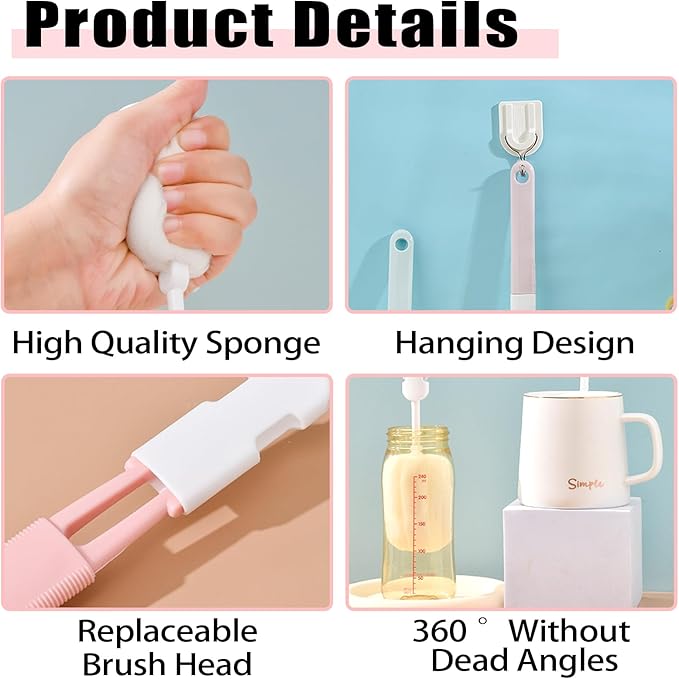 INVODA Sponge Nipple Bottle 5 PCS + Replaceable Brush Heads 5 PCS Baby Bottle Brushes Long Handle Cup Scrubber Brush Portable Sponge Cleaning Brush (5 PCS+ 5 Brush Heads)