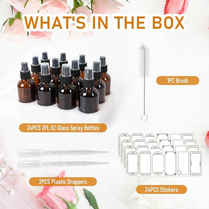 120ml Glass Spray Bottles with Fine Mist Sprayer 24Pack, Small Amber Glass Spray Bottles 4 oz for Perfumes,Cleaning Products,Pet Spray (4fl.oz, Set of 24)
