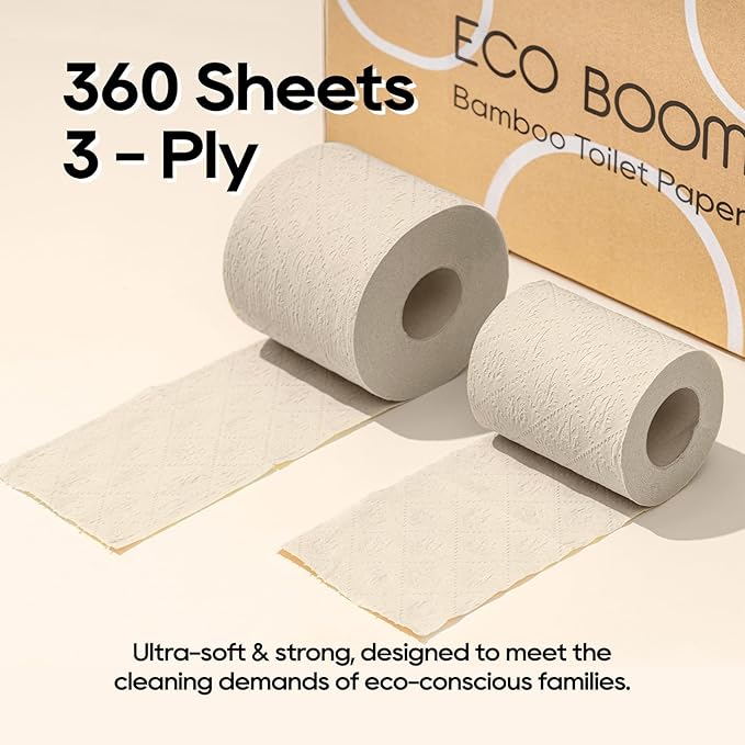 ECO BOOM Toilet Paper 100% Bamboo 3-fly, Plastic-Free & Tree-Free, strong, FSC Certified, Unscented, 9 Rolls, 360 Sheets | PFAS Free, BPA Free & Septic Safe