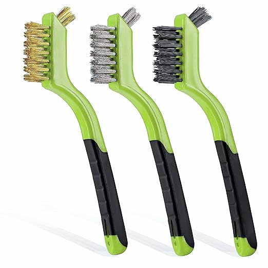 Lavaxon Wire Brush Set 3Pcs - Nylon/Brass/Stainless Steel Bristles with Curved Handle Grip for Rust, Dirt & Paint Scrubbing with Deep Cleaning – 7 Inches (Green)