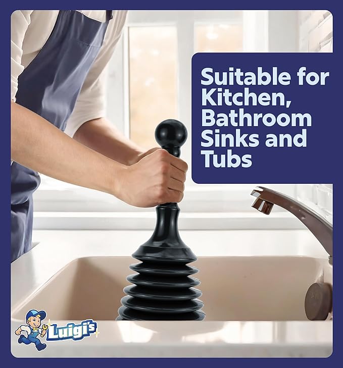 Luigi's Sink Plunger Kitchen - Sink Plunger Bathroom - Drain Bathtub or Shower - Small and Powerful Clog Remover - Commercial Style "Plumbers Plungers" with Large Bellows - Black - Small