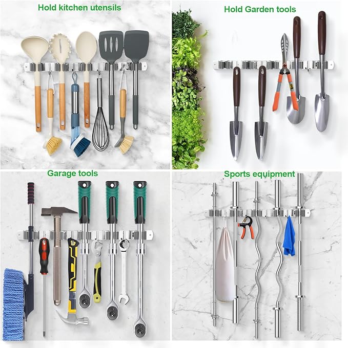 voze 5 Racks and 4 Hooks Mop and Broom Holder Wall Mount, Self Adhesive Heavy Duty Broom Hanger Organizer Storage Tool Racks for Kitchen Garden Laundry Garage Black