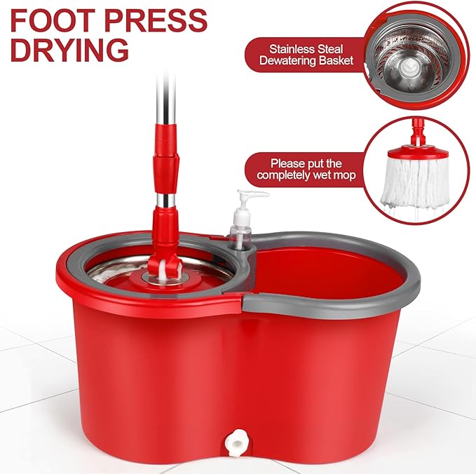Mop Buckets Set for Floor Cleaning 360° Spin Wringer Separate Dirty Water with 3 Replaceable Microfiber Mop Head Wet and Dry Suitable for Office and Home use