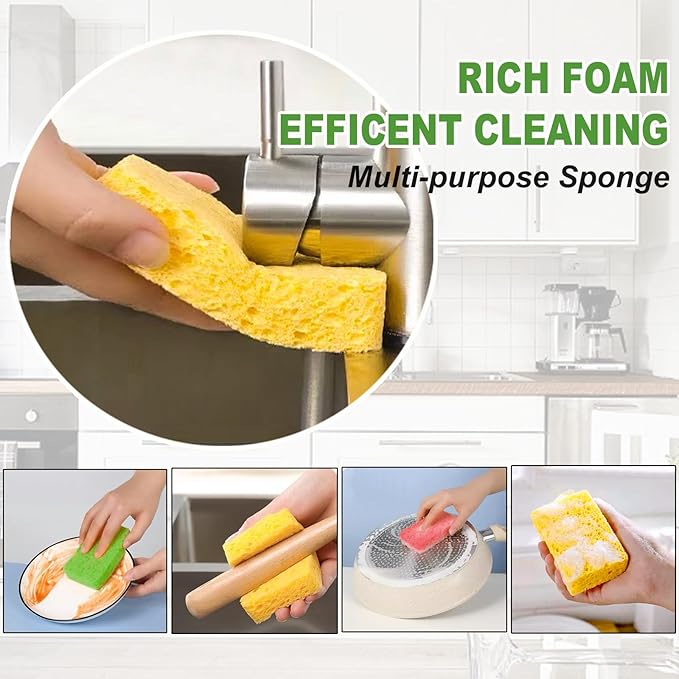 Temede Cellulose Sponges,Heavy Duty Scrub Sponges,Non-Scratch Kitchen Sponges for Dish,Colorful Compressed Dish Scrubber Sponge for Household,Cookware,Bathroom,6pcs