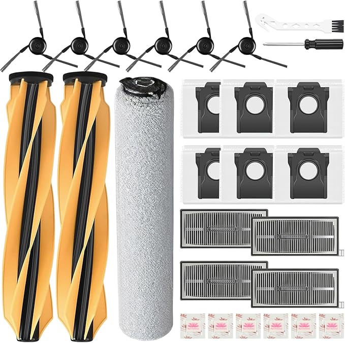 27 Piece Replacement Parts for Mova Z60 Ultra Roller Complete Robot Vacuum, 2 Main Brushes, 1 Roller Mops, 4 Filters, 6 Side Brushes & Dust Bags & Scented Tablets, 1 Cleaning Brush & Screwdriver