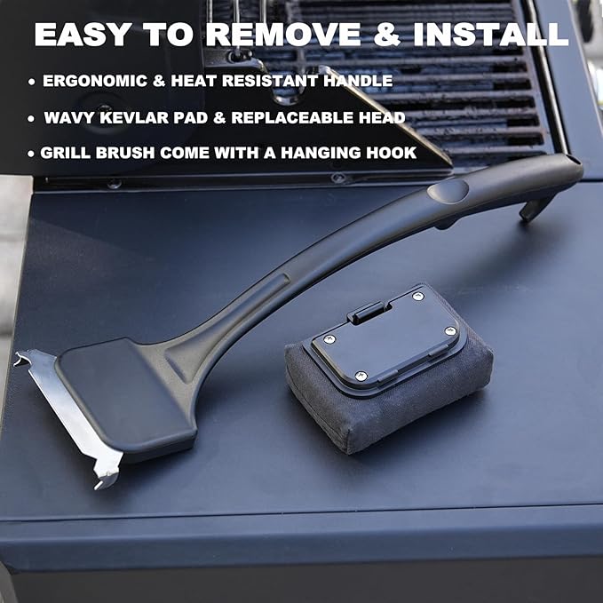 Steam Grill Brush Bristle Free with Scraper, BBQ Cleaner Tool Brush with Kevlar Cleaning Head for Outdoor Grill Accessories - Black, Grilling Gifts for Men Dad