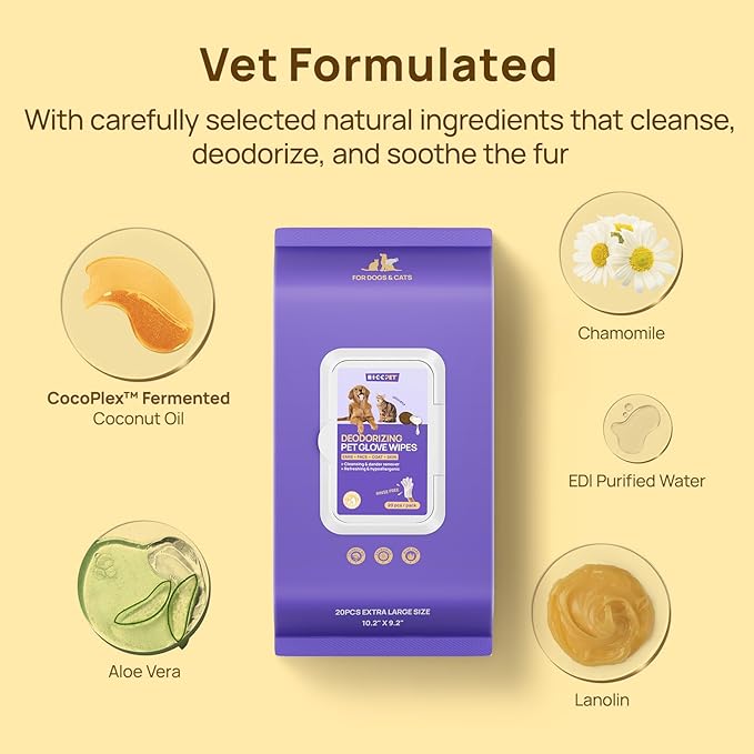HICC PET Cleaning Deodorizing Glove Wipes for Dogs & Cats, Vet Recommended Hypoallergenic Hydrating & Nourish Fur Pet Grooming Glove Wipes, Pet Bathing Wipes for Horse Coat Care,6pcs Coconut Scent