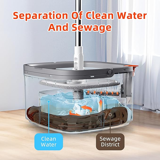 KZKR Spin Square mop and Bucket System with Wringer Set for Home with 2 Mop Pads (Grey,White)