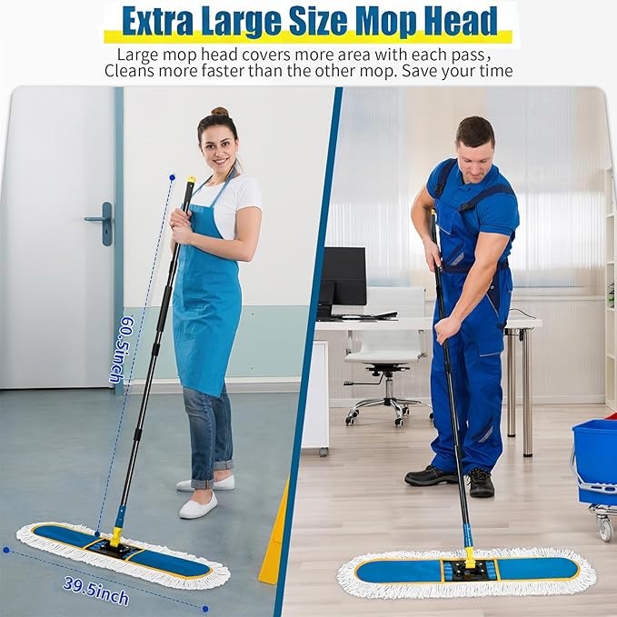 24" Commercial Dust Mop for Floor Cleaning, Heavy Duty Large Industrial Floor Duster with 2 Cotton Mops Pads, Wet Dry Mops for Hardwood Floors,Concrete,Marble,Laminate,Tile,Garage,Blue