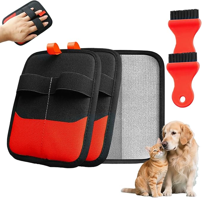 Pet Hair Removal Glove, 2026 Upgraded Electrostatic Pet Hair Remover Glove with Brush, Pet Hair Remover Pocket Storage for Pet Hair Remover Tool on Carpet, Clothing, Couch, Car Seat (Red, 2Pcs)