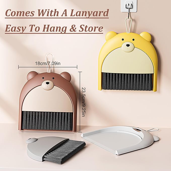 3 Pack Small Broom and Dustpan Set,Mini Portable Hanging Storage Cleaning Brush for Home Desk, Sofa, Car,Kitchen Countertops, Pet Manure Cleaning (Bear)