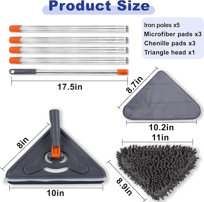 NWGOF Wall Cleaner Mop with 79 Inches Long Handle, 360° Wall Washer Cleaner Tool for Walls/Ceiling Fans/Dust/Baseboard/Floors Clean, Ceiling Cleaner Tool Duster with Squeegee 6 Replacement Pads