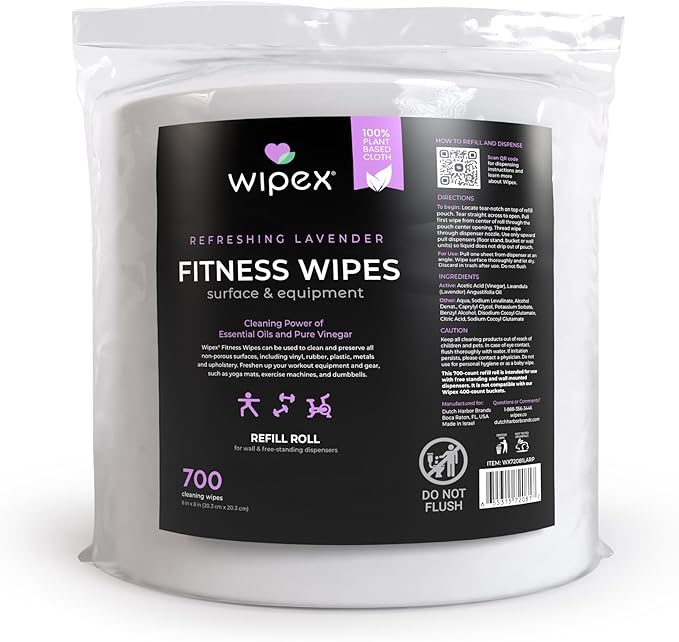 Wipex Gym Wipes for Equipment - 700 Count, Pack of 2 - Lavender Essential Oil Infused Gym Equipment Cleaner with Plant-Based Cloth & Cleaning Vinegar - 8x8 Refill Rolls