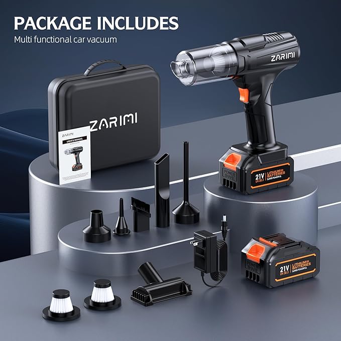 ZARIMI Cordless Handheld Car Vacuum Cleaner, 50,000Pa High-Power Brushless Motor, Rechargeable Dust Buster with 2 Batteries & Charger, 6-in-1 Portable Vacuum Cleaners for Home, Pet Hair, Bright Black