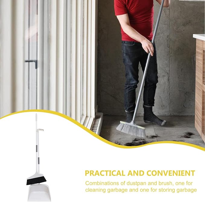 ULTECHNOVO Broom and Dustpan Set for Home - 35" Long Handle Broom with Upright Standing Dust Pan Combo - Angled Soft Bristle Sweeper for Indoor Kitchen Office Floor Cleaning, Grey