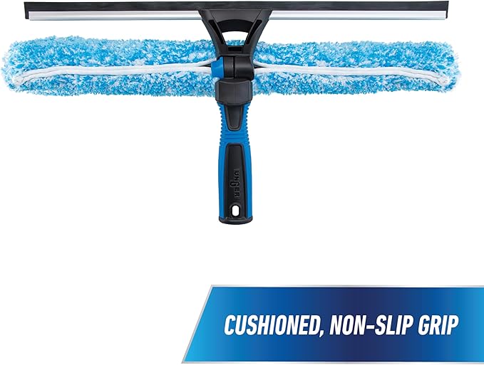 Unger Professional Connect and Clean 18” Proflex 2-in-1 Squeegee and Scrubber, High Access Window Cleaning Tool with Pivoting Head, Commercial and Residential Use, Reusable Microfiber Sleeve