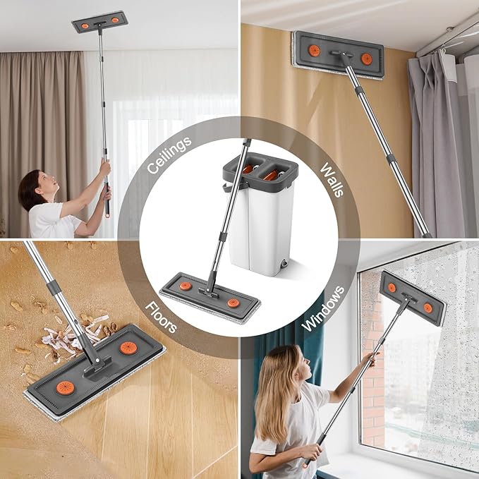 MUEE Mop and Bucket with Wringer Set for Home, Flat Mop and Bucket Set for Floor Cleaning and Window Wall Cleaner, Wet and Dry Mop with Long Handle and 3 Microfiber Pads