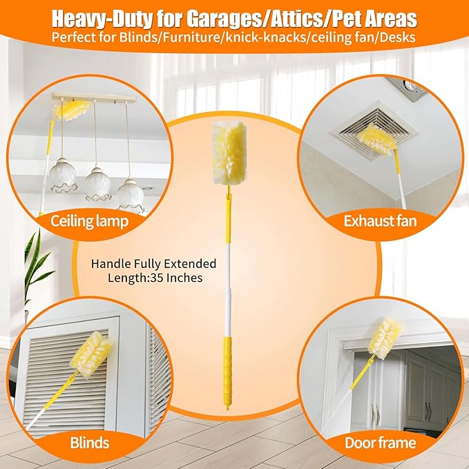 Senowi 60 Count 360° Heavy Duty Duster Refills Compatible with Swiffer,Large Size-Extra Thick Disposable Electrostatic Feather Duster Refill with 1 Retractable Handle(35-inch Length Fully expanded)