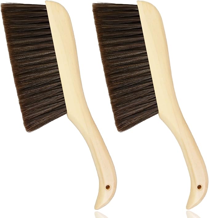 2 Pieces Woooden Hand Broom Dust Brush with Wood Handle Whisk Broom Soft Bristle Brush Home Cleaning Brush for Counter Bed Sofa Car Fireplace Clothes Household Cleaning(Brown)