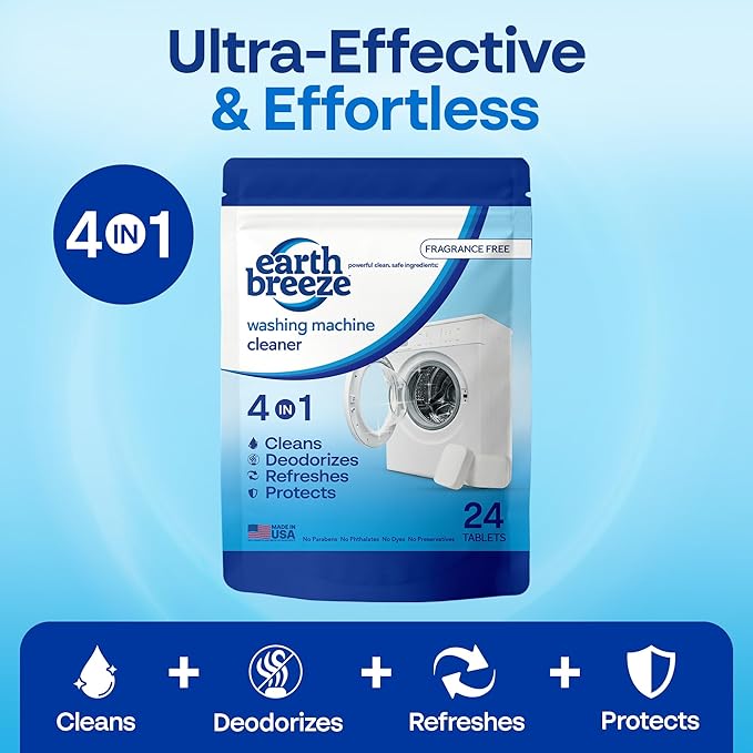 Earth Breeze Washing Machine Cleaner Tablets – Deep Cleans, Deodorizes & Removes Odors, Residue & Buildup – For Front Load, Top Load & HE Washers – Fragrance-Free - No Harsh Chemicals - Made in USA