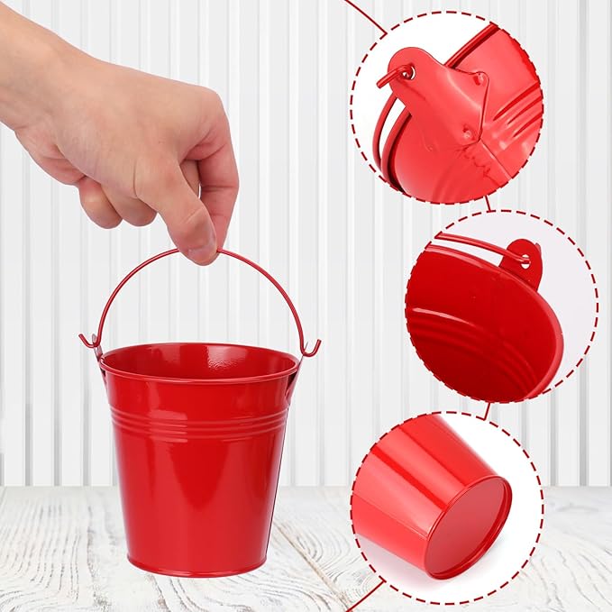 18 Pack 4 Inch Red Mini Metal Bucket, Elegant Galvanized Buckets with Handles, Tin Buckets, Small Iron Bucket, Mini Metal Pail for Party Favors, Crafts, Garden & Beach
