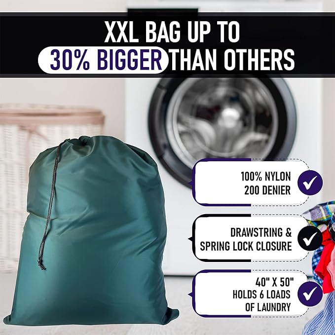 Laundry Bag with Locking Closure Drawstring – Extra Large Heavy Duty 100% Nylon, Large & Foldable Clothes Sack – Lightweight Dirty Laundry Organizer for Travel, Dorm, Gym – L 40" x H 50" (GREEN)