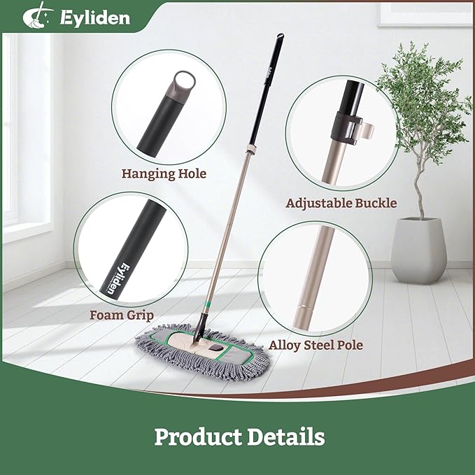 Eyliden Pro Dust Mops for Floor Cleaning - Total 3 Washable Microfiber Pads, One-Click Replacement, Telescopic Handle, Professional Design for Floors & Pet Hair (Grey+Green)