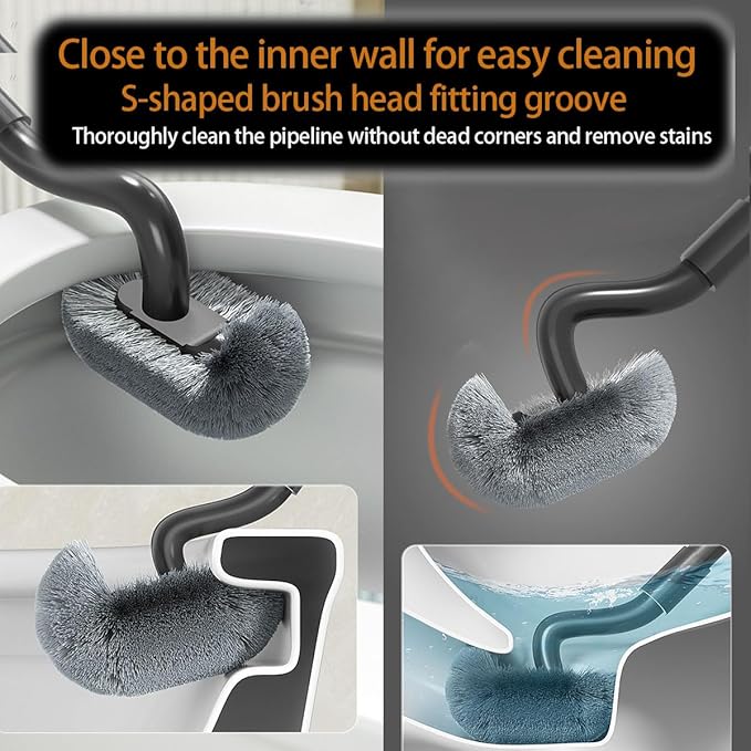 Wall Mounted Long Handle Toilet Brush Set with Holder and 2 Brush Heads Silicone and Stiff Bristle Toilet Bowl Scrubber Bathroom Brush Cleaning Tool for Home