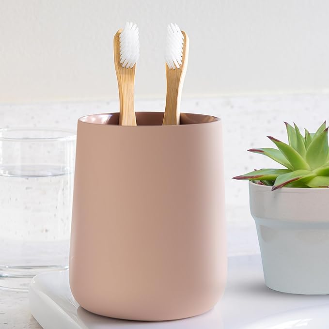 Yew Design Matte Dusty Pink/Mauve Toothbrush and Toothpaste Holder and Cup for Bathroom Vanity and Countertop, Round Organizer for Electric Toothbrushes, Floss, Razors, Cotton, and Mouthwash