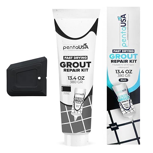 PentaUSA Tile Grout - 13.4 oz Black Grout Filler Repairs Renews Tube, Fast Drying Grout Repair Kit, Odorless Formula - Grout Floater Included (Black 13.4oz / 380gr)
