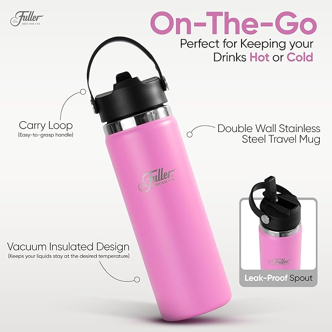Fuller Stainless Steel Water Bottle with Straw Lid – BPA-Free, Sweat-Proof, Leak-Proof Travel Mug – Double Wall Insulated for Hot & Cold Drinks – Carry Handle (Bright Pink, 20 Oz.)