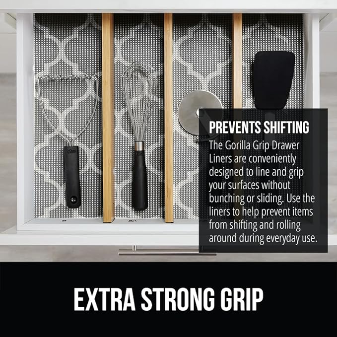GORILLA GRIP powerGRIP Drawer Shelf and Cabinet Liner, Thick Strong Hold, Non-Adhesive Liners Protect Kitchen Cabinets and Cupboard, Bathroom Drawers, Easy Install, Breathable Mat, 12" x10' Quatrefoil