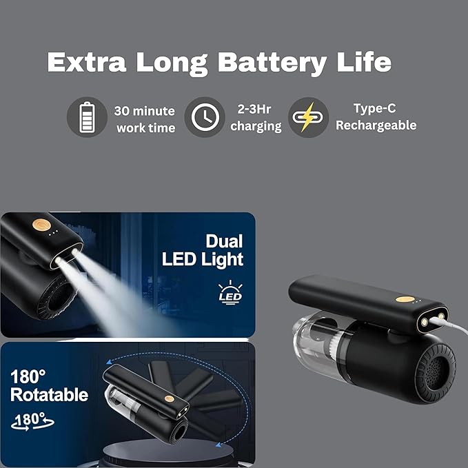 GajetNest Mini Portable Foldable Car Vacuum Cleaner - 20000PA Strong Suction, Cordless, LED Light, Blower & Inflator, Long-Lasting Battery, Compact & Lightweight, Easy Carry, Folding Design (Black)