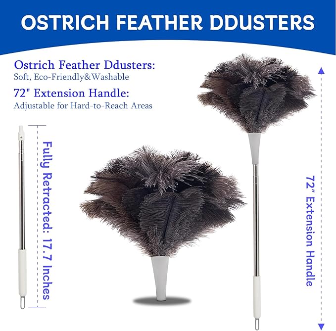 Madrigal 72" Extendable Ostrich Feather Duster for Cleaning with 2 Replacement Heads Washable and Reusable Long Handle Handheld Feather Duster for High Places, Home,Office Cleaning