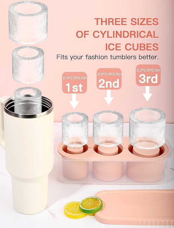 Ice Cube Tray for Tumbler Cup 30Oz-40Oz, 3 Pcs Silicone Cylinder Ice Mold with Lid and Bin for Freezer, Easy Fill and Release Ice Maker for Whiskey, Cocktail BPA-Free