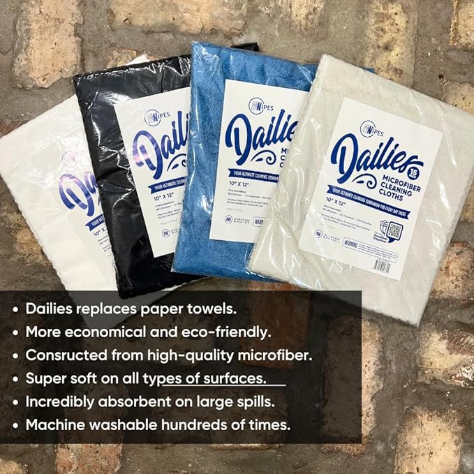 Dailies Microfiber Cleaning Cloths | 15-Pack (Black) 12"x10" | Fits TowelNest Dispenser | Reusable, Absorbent, Washable | Eco-Friendly Paper Towel Alternative