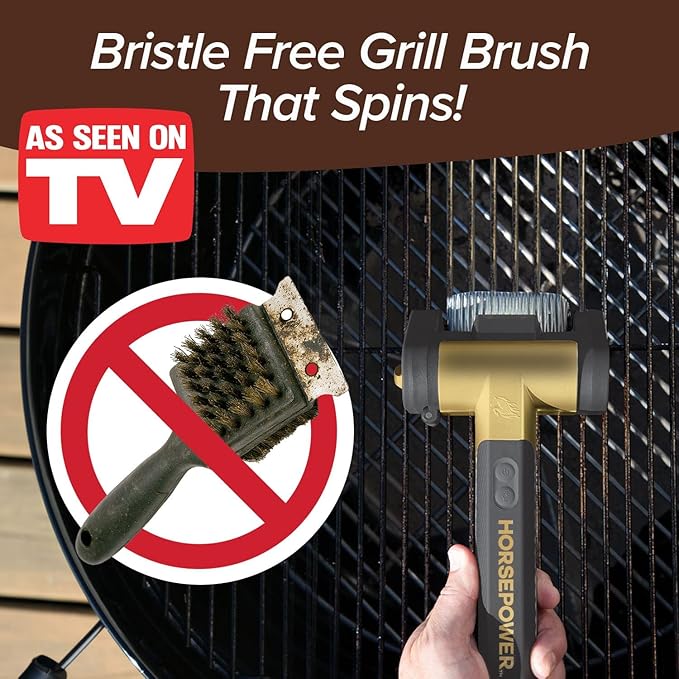 Horsepower Giddy Up GOLD Bristle-Free Spinning Grill Brush w/LED & Longer Run Time, Cordless/Rechargeable, 304 Stainless Steel Power Roller Blasts Away Burnt-On Food, No Bristles No Preheating 350 RPM