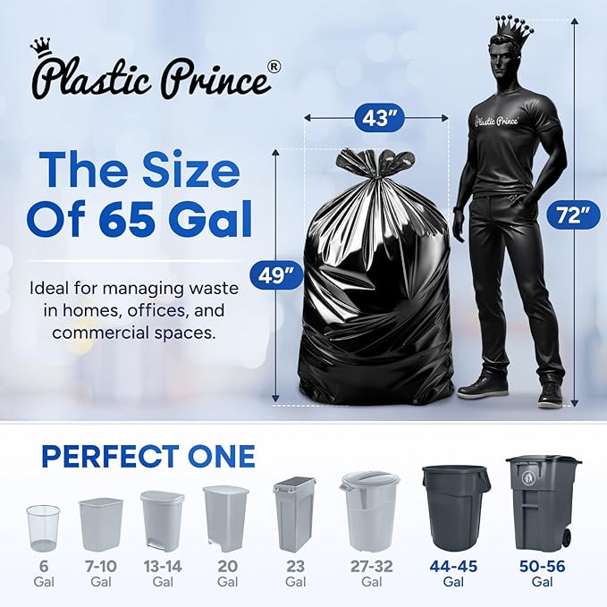64-65 Gallon Trash Bags Heavy Duty with Flap Ties Extra Large Garbage Bags 2 Mil Outdoor Trash Bags 43 x 49 Trash Can Liners, Black Pack of 20
