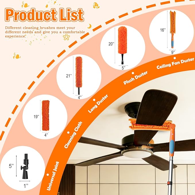 LAANPOLE 26FT Reach Ceiling Fan Cleaner Duster, Fan Blade Cleaner Kit with 5-20FT Extension Pole, Microfiber Duster & Replaceable Cleaning Cloth for Blades, Ceiling, Furniture
