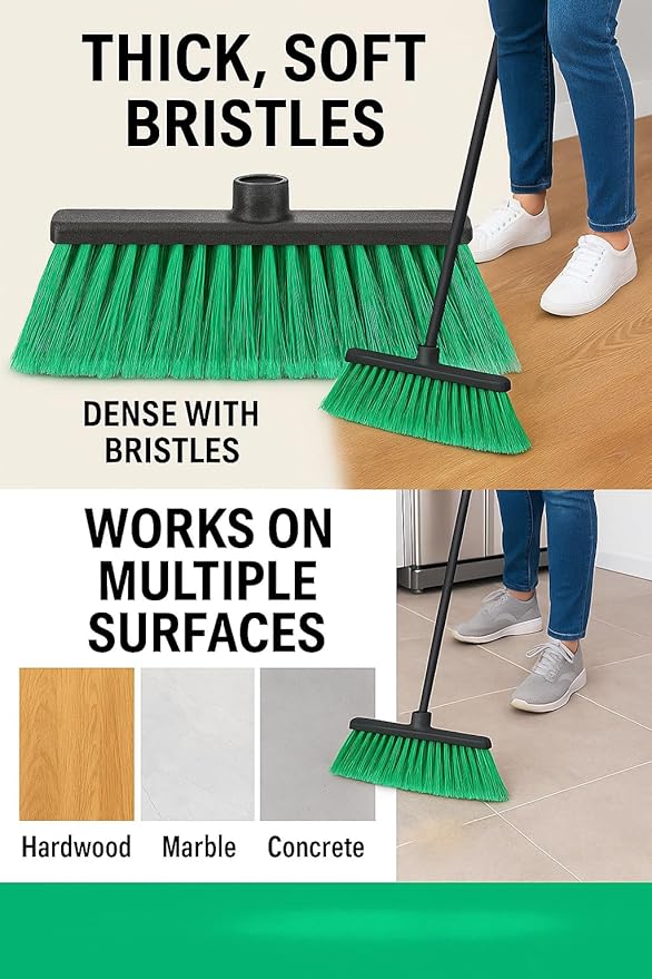 Healing Atlas LUZIA Green 14" Premium Broom Head – Long Flagged Bristles – Gentle Deep Sweep – Universal 7/8" Thread – Recycled PP – Handle Not Included (Green, LUZIA)