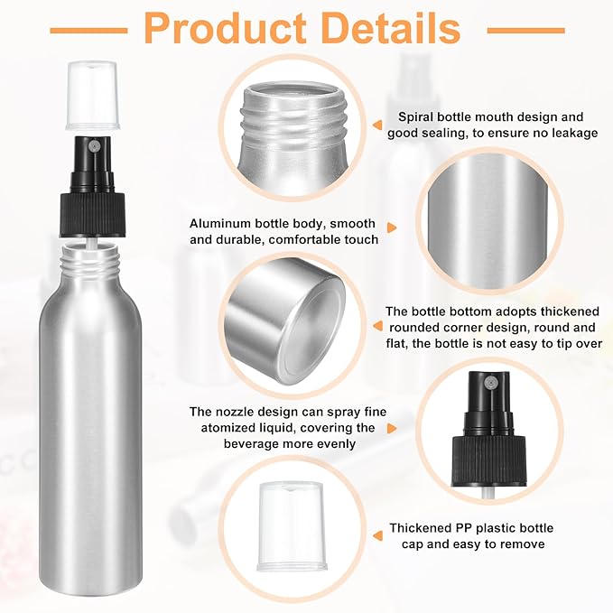 HARFINGTON Aluminum Fine Mist Spray Bottles 120ml/4oz Metal Small Liquid Alcohol Refillable Travel Container with Black Plastic Nozzle Cap for Perfume Skincare Cosmetic Storage Bottle