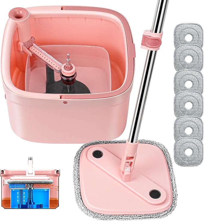 KZKR Square Spin Mop and Bucket Set with Self Separation Dirty and Clean Water System, Self Wringing 360° Rotating Mops Head with 6 Replaceable Microfiber Pads for Home Floors Cleaning