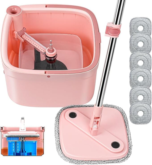 KZKR Square Spin Mop and Bucket Set with Self Separation Dirty and Clean Water System, Self Wringing 360° Rotating Mops Head with 6 Replaceable Microfiber Pads for Home Floors Cleaning