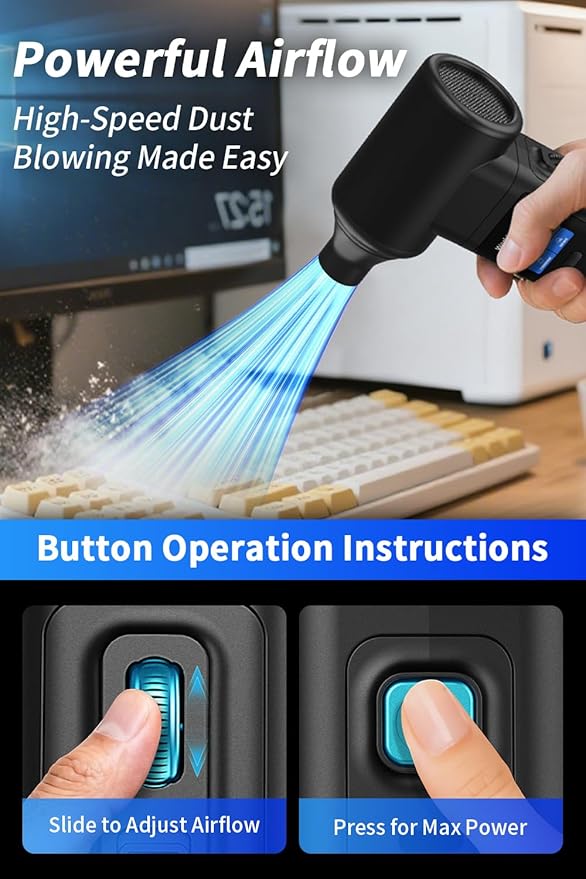 Instant Dust Removal – Electric Air Duster 130000 RPM, 40 mm Motor, 8000 mAh Battery & 30 W Fast Charge, TFT Screen, 300-Speed Control, Rechargeable Compressed Air Blower for PC & Electronics