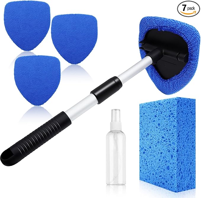 Windshield Cleaner Tool 22.5" L - Car Interior&Exterior Window Cleaning Kit with Extendable Handle&4 Microfiber Pads and Thick Large Wash Sponge, Auto Glass Wiper Brush Kit for Cars Home (7pcs Blue)