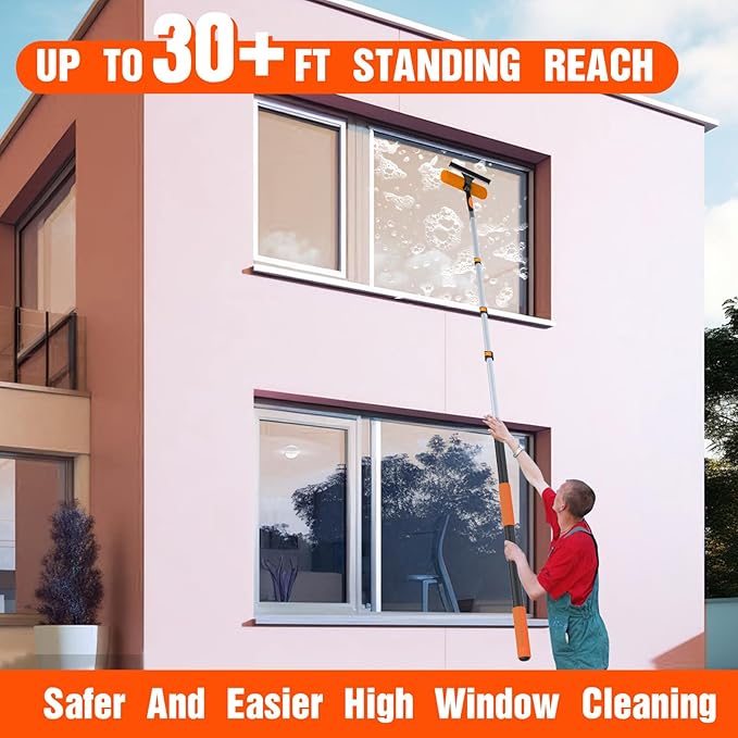LAANPOLE 36FT Window Squeegee with Extension Pole, 2-in-1 Squeegee for Window Cleaning, Professional Cleaning Kit for Home with 30FT Telescoping Pole for Outdoor Indoor Use