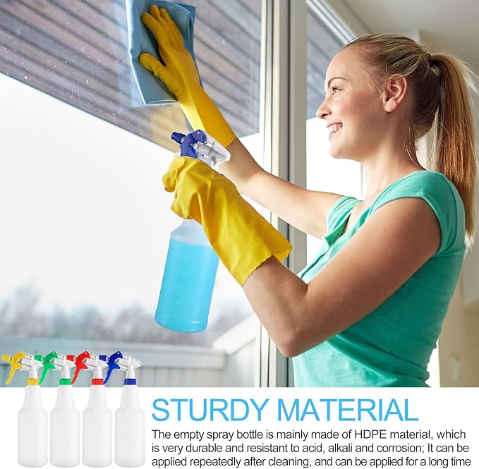 Eaasty 12 Pack Plastic Spray Bottles for Cleaning Solution 25 oz Leak Proof Mist Spraying Safe Squirt Bottle Refillable with Adjustable Head for Plants, Pet, Vinegar, BBQ(Red, Blue, Yellow, Green)