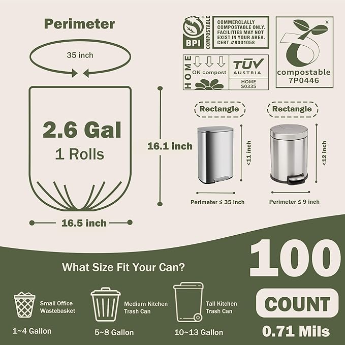 JENCENBIO Compostable Trash Bags, 2.6 Gallon, 100 Count, 100% Compost Waste Bags for Kitchen Bathroom Office, Small Countertop Bin Compost Bags, US BPI and Europe OK Compost Home Certified