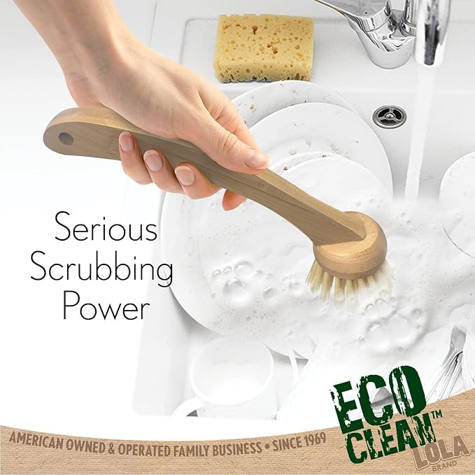 LOLA Eco Clean Bamboo Dish Brush, Multi Purpose, Sustainable Ergonomic Renewable Bamboo Handle, Fibers are Recycled Soda/Water Bottles - 1 CT